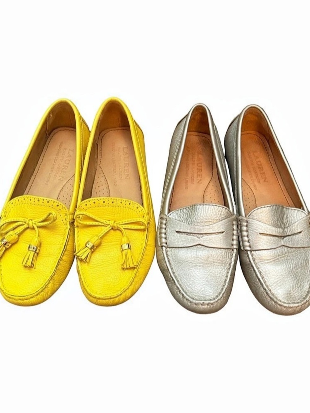 Ralph Lauren Leather Loafers Size 6.5 Bundle Yellow Silver 2 Pairs
